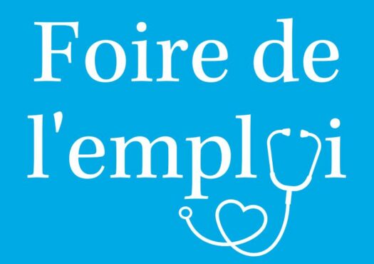 Un texte blanc sur fond bleu, dictant « foire de l'emploi ». La lettre « o » du mot « emploi » est remplacé par une illustration de sthétoscope.